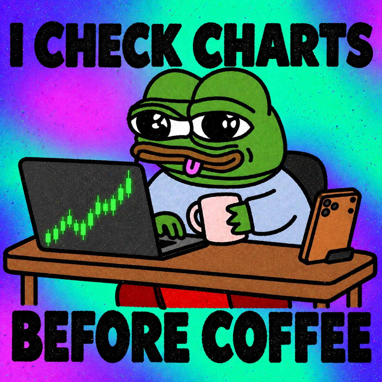 Frog checking green charts before coffee